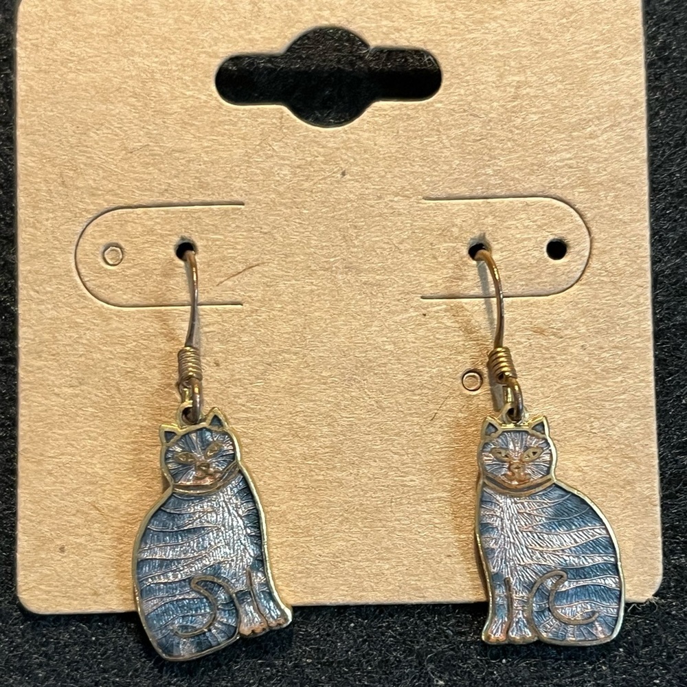 Elegant Tabby Cat Earrings - Blue and Gold